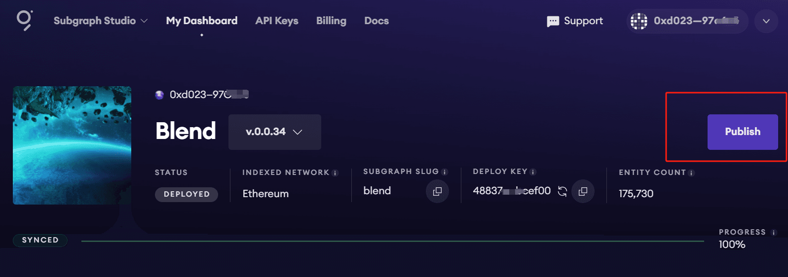 The Publish button on a subgraph page in Subgraph Studio